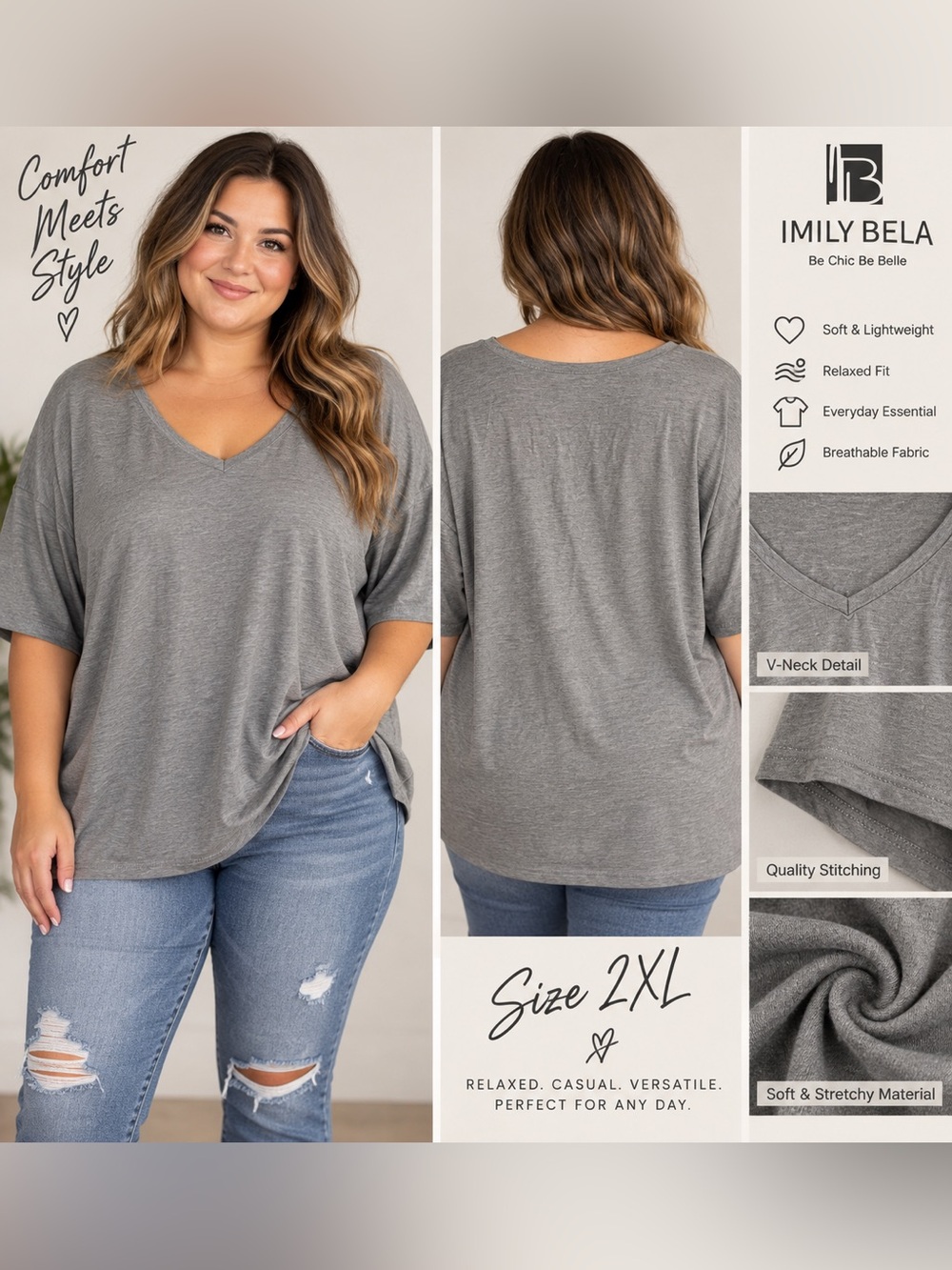 Cotton-Blend V-Neck Relaxed Tee - Gray, 2XL